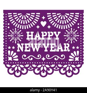 Bonne année papel picado, vecteur conception avec du papier style mexicain découper violet carte de souhaits on white Illustration de Vecteur