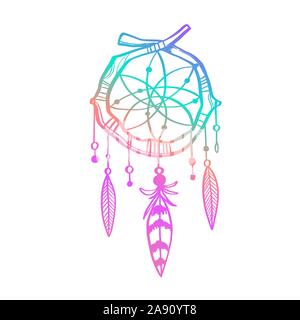 Dreamcatcher indien magique. Vector hand drawn doodle illustration, croquis de tatouage. La sorcellerie, l'attribut chamanique Illustration de Vecteur