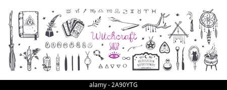 La sorcellerie, magic shop pour les sorcières et sorciers. Wicca et tradition païenne. Vector collection vintage. Les éléments dessinés à la main, bougies, livre des ombres, po Illustration de Vecteur