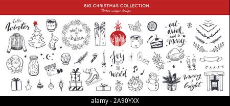 Gros Joyeux Noël et Bonne Année vecteur de fête collection. Différents éléments doodle dessiné à la main, arbre de Noël, foyer, coxy chandail, Winte Illustration de Vecteur