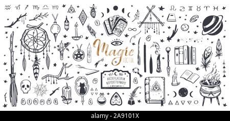 La sorcellerie, la magie, arrière-plan pour les sorcières et sorciers. Wicca et tradition païenne. Vector collection vintage. Les éléments dessinés à la main, bougies, livre de shado Illustration de Vecteur