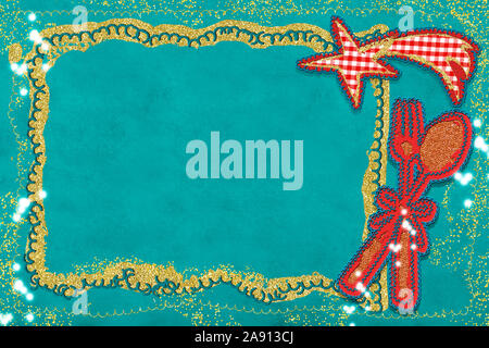 Background pour écrire menu de Noël vide, parchemin, cuillère, fourchette et étoile de Bethléem réalisée avec un tissu coupé sur fond de papier bleu avec co Banque D'Images