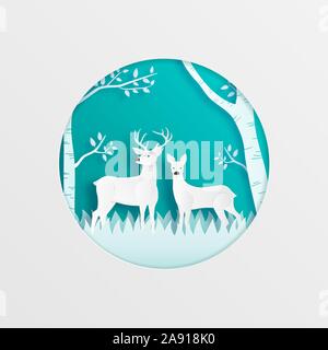 L'art du papier fait deux cerfs dans la forêt sur fond bleu. Modèle de coupe de papier numérique. Illustration de Vecteur
