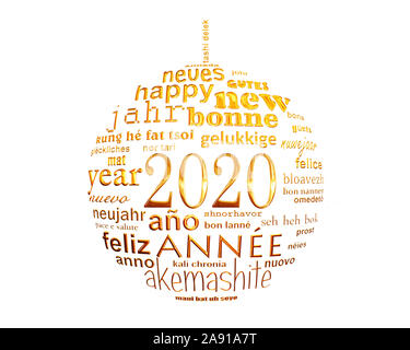 Nouvelle année 2020 et l'or blanc nuage de mots de texte multilingue carte de vœux en forme de boule de noël Banque D'Images