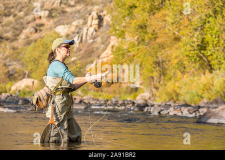 Une femme jette sa canne et moulinet de pêche sous le soleil d'après-midi d'automne dans le nord du Colorado. Banque D'Images