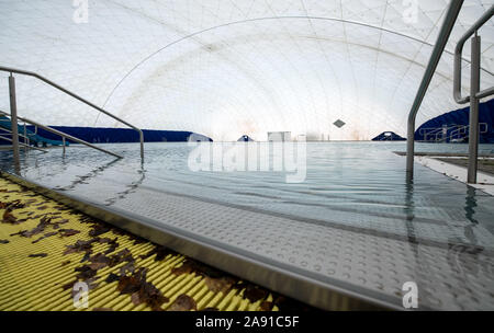 Berlin, Allemagne. 12 Nov, 2019. Laub se trouve sur le bord de l'une des deux piscines de 50 mètres de la piscine extérieure dans le Traglufthalle dans la combinaison Seestraße extérieure en mariage. La cérémonie de mise à l'Allemagne de dôme d'air d'une surface de 60 x 68 mètres a eu lieu aujourd'hui. Le couplage des deux piscines en plein air va ajouter 2072 mètres carrés d'eau pour les mois d'hiver. Crédit : Bernd von Jutrczenka/dpa/Alamy Live News Banque D'Images