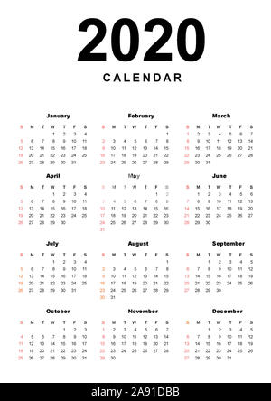 2020 Calendrier de l'année en anglais. Design simple et épuré, en noir et blanc avec le dimanche en rouge. Banque D'Images