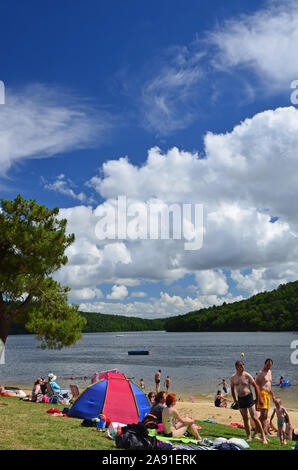 Plage au bord du lac, l'anse de Sordan, lac de Guerlédan, Bretagne, France Banque D'Images