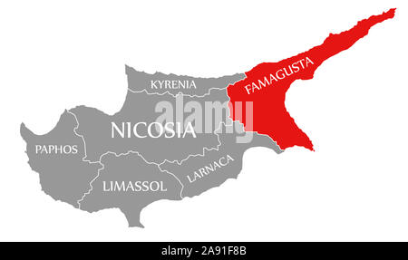 Famagouste a souligné dans la carte rouge de Chypre Banque D'Images