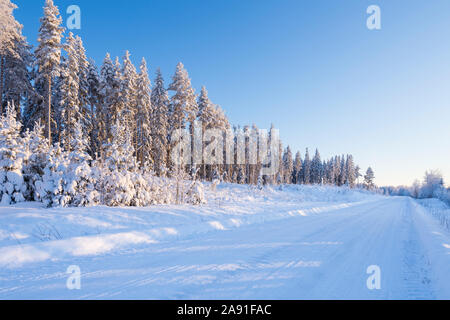 Route de campagne et paysage d'hiver, les arbres couverts de neige, Finlande Banque D'Images