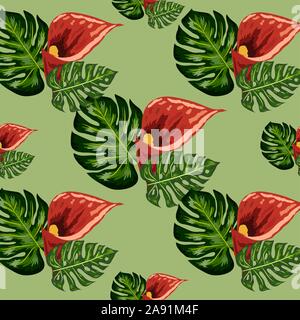 Modèle transparent avec les feuilles et fleurs de lys callas. Le feuillage de la jungle. Illustration de Vecteur