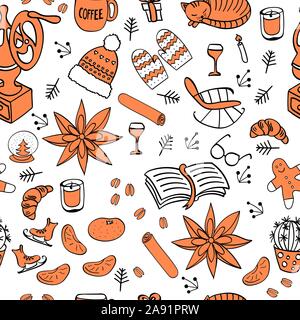 Hygge hand drawn seamless pattern. Contours noir et blanc objets avec orange sur fond blanc. Illustartion de vecteur. Illustration de Vecteur