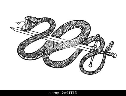 Serpent avec une épée dans un style vintage. Cobra ou serpent Python ou toxique viper. Gravé à la main vieux croquis de reptiles pour tatouage. Pour Anaconda Illustration de Vecteur