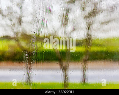 La pluie sur une fenêtre de fausser la vue sur les arbres et une route à l'extérieur de la chambre. Banque D'Images