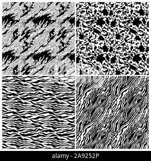 Ensemble de quatre motifs abstraits sans couture avec des formes chaotiques noir sur le fond blanc, dessin illustration Illustration de Vecteur