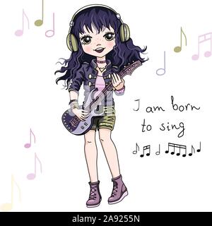 Vector cool rock star baby girl brune au casque musicien qui joue de la guitare. Je suis née pour chanter slogan Illustration de Vecteur