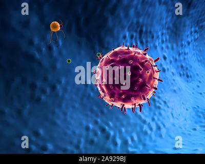 Macrophage tue l'virus, des macrophages en rendu 3D et de virus, à l'intérieur de corps humain, arrière-plan vidéo médicale, les virus dans le corps humain Banque D'Images