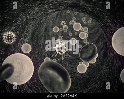 L'intérieur du vaisseau sanguin, l'insuline et les leucocytes à l'intérieur du vaisseau sanguin, les cellules de sang blanches, de haute qualité de rendu 3D de cellules du sang Banque D'Images