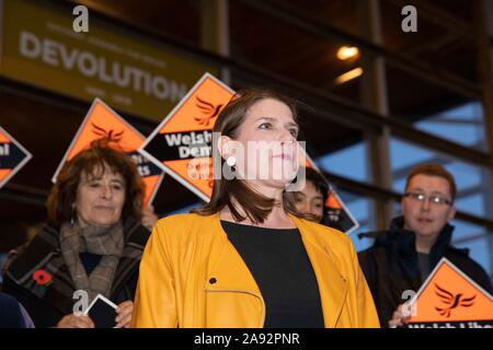 Cardiff, Wales, UK. 12 Nov, 2019. Cardiff, Wales, UK, 12 novembre 2019. Jo Swinson, chef du Parti libéral-démocrate est représenté à l'extérieur de l'Assemblée nationale du Pays de Galles Senedd bâtiment avec les supporters. Credit : Mark Hawkins/Alamy Live News Banque D'Images