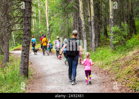 Les randonneurs marchent sur le sentier jusqu'aux chutes de la rivière russe sur la péninsule de Kenai, au centre-sud de l'Alaska; Alaska, États-Unis d'Amérique Banque D'Images