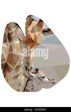 Low poly illustration d'une girafe et son enfant à l'intérieur de la forme de leur pied imprimer Banque D'Images