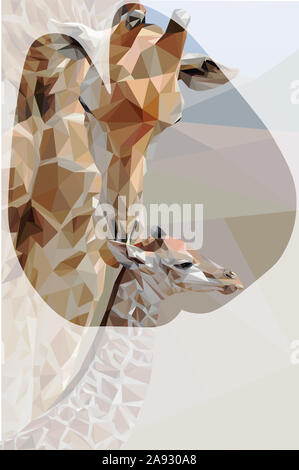 Low poly illustration d'une girafe et son enfant à l'intérieur de la forme de leur pied imprimer avec un arrière-plan Banque D'Images