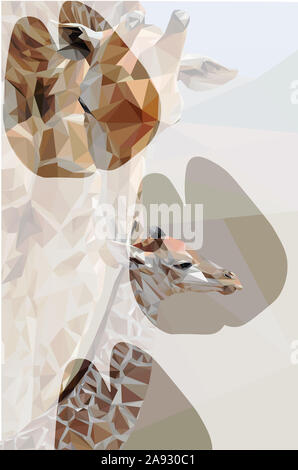 Low poly illustration d'une girafe et son enfant à l'intérieur de la forme de leurs empreintes de sabots avec un arrière-plan Banque D'Images