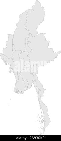 Carte politique du Myanmar avec contours vector isolé sur fond gris. Illustration de Vecteur