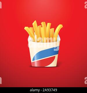 Frites ou chips de pommes de terre frites de fait dans un emballage en carton sur fond rouge Illustration de Vecteur