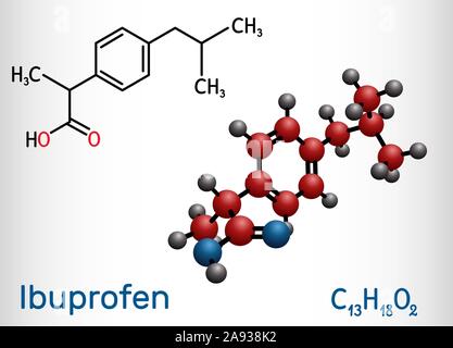 Molécule d'ibuprofène, est un anti-inflammatoire non stéroïdien (AINS) médicament. Formule chimique structurale et molécule modèle. Vector illustration Illustration de Vecteur