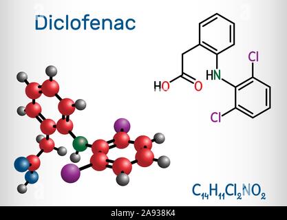 Molécule, le diclofénac est un anti-inflammatoire non stéroïdien (AINS) médicament. Formule chimique structurale et molécule modèle. Vector illustration Illustration de Vecteur