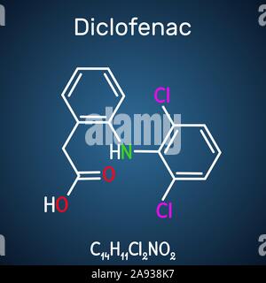 Molécule, le diclofénac est un anti-inflammatoire non stéroïdien (AINS) médicament. Formule chimique structurel sur le fond bleu foncé. Vector illustration Illustration de Vecteur