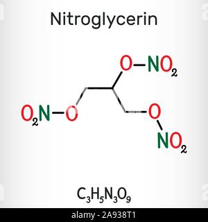 La nitroglycérine, trinitrate de glycéryle, nitro, molécule est med et explosif. Formule chimique structurels. Vector illustration Illustration de Vecteur