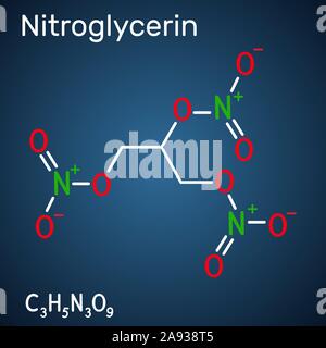 La nitroglycérine, trinitrate de glycéryle, nitro, molécule est med et explosif. Formule chimique structurel sur le fond bleu foncé. Vector illustratio Illustration de Vecteur