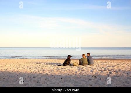 Couple avec dog relaxing on beach Banque D'Images