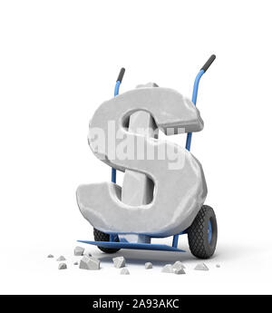 Le rendu 3D de grande pierre symbole du dollar sur bleu camion de main avec grosse pierre des miettes. Banque D'Images