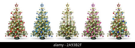 Collection de jeu de l'arbre de Noël naturel nordmann, décoré d'argent rouge bleu or rose et argent baubles étoiles coeurs en bois et un éclairage led isol Banque D'Images