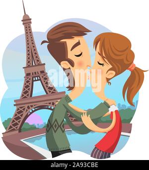 Couple kissing in Paris par la tour Eiffel Illustration de Vecteur