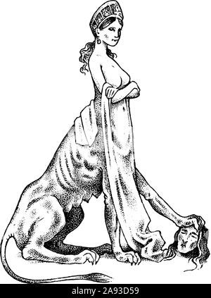 Sphinx mythique. Animal mythologique. Les droits de l'ancien lion, créatures fantastiques dans l'ancien style vintage. Vieux croquis dessinés à la main, gravée. Illustration de Vecteur