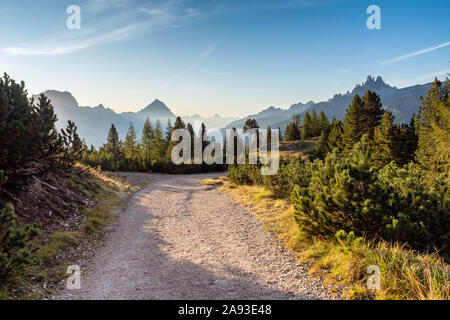 Large chemin dans les Dolomites. Randonnée pédestre, sentier de marche dans le paysage des Dolomites. Le Groupe Tofane, dans les Dolomites, Italie, Europe. Banque D'Images