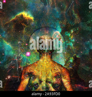 Le surréalisme. La figure de l'homme étrange avec des yeux démoniaques sur sa peau se tient devant des univers. Squelette symbolise la mort. Le rendu 3D Banque D'Images
