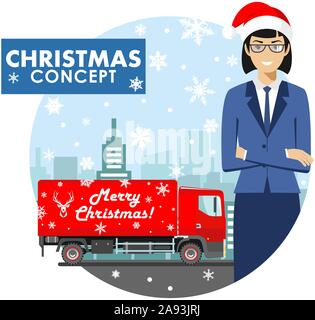 Noël et Nouvel An concept d'entreprise. Illustration détaillée young businesswoman dans le Santa Claus hat sur fond rouge livraison avec camion et Illustration de Vecteur