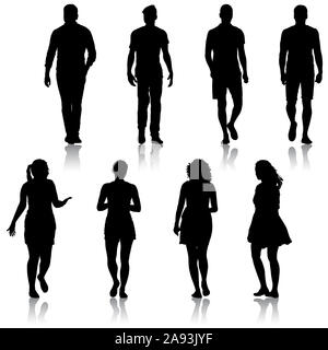 Silhouette noire groupe de personnes debout dans diverses poses. Banque D'Images