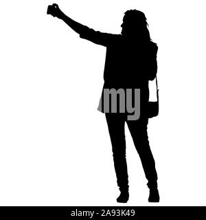 Silhouettes woman with smartphone selfies sur fond blanc. Banque D'Images