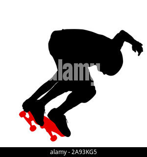 Silhouette noire d'un athlète dans un skateur saut. Banque D'Images