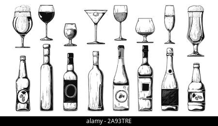 Différentes bouteilles d'alcool et de différents verres. Vector illustration au croquis style. Illustration de Vecteur