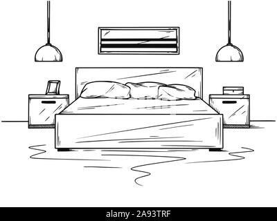 Croquis réalistes de la chambre à coucher. Croquis dessinés à la main, de l'intérieur. Vector illustration Illustration de Vecteur