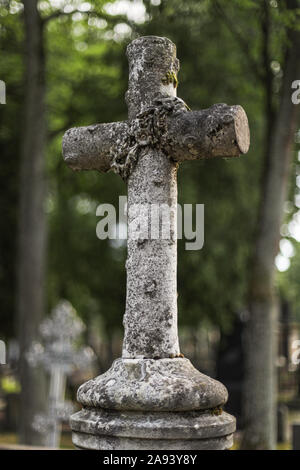 Croix blanche sur la pierre tombale, couverts de lichen Banque D'Images