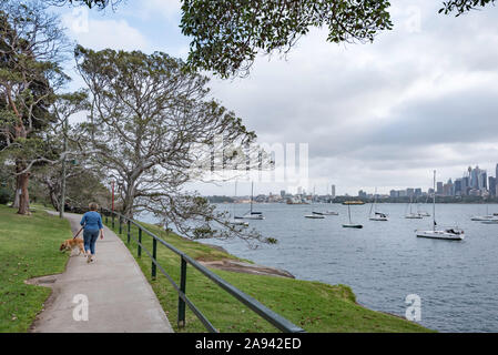 Un jour nuageux dans une femme marche vigoureusement avec son chien labrador golden cross le long d'un chemin à travers Cremorne Réserver à côté de Port de Sydney en Australie Banque D'Images