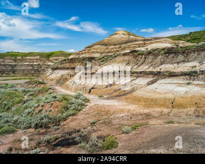 Vue d'un pont suspendu de 117 mètres de long traversant la rivière Red Deer, pont suspendu de la mine Star; Drumheller, Alberta, Canada Banque D'Images